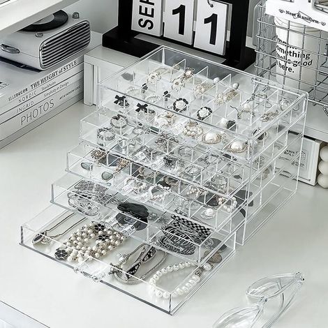 Boîte de rangement à bijoux en acrylique avec 5 tiroirs, 120 compartiments, plateau transparent pour bagues, perles, faux ongles, cadeau d'a (1/4)