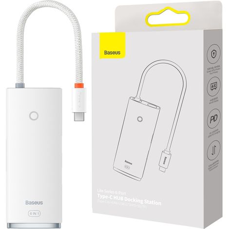 Baseus Lite Series Multifunktionaler USB Typ C Hub - 2 x USB 3.0 / USB Typ C PD / HDMI 1.4 / SD/TF weiß (WKQX050102) (1/5)