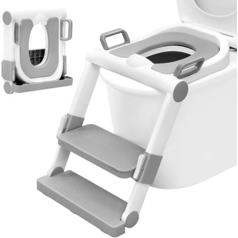 Réducteur de Toilette pour Enfant avec Escabeau Pliable et Portable, Siège WC d'Apprentissage de la Propreté, Sans Montage, Marches Réglables en 2 Hauteurs, Coussinet Doux, Blanc + Gris (1/5)