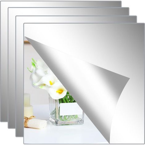 4 Pièces Miroir Adhesif Mural 20x20cm, Acrylique Miroir Autocollant Adhésif Carrés Flexible, Decoration Grand Mural Collant pour Salle de Bain, Sport Salon, Chambre
