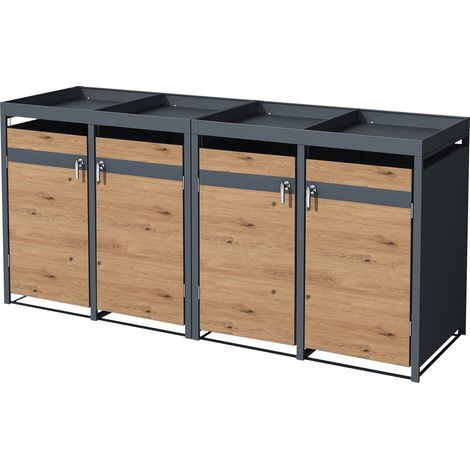 ML-Design Copribidone per 4 Bidoni di Spazzatura con Tetto a Fioriera 240L 264x80x124 cm Antracite Effetto Quercia Acciaio Contenitore per Pattumiera Copri Bidone per Rifiuti con 4 Porte e Serratura (1/5)