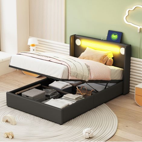 lit adulte rangement 90x200 PU cuir noir LED Bluetooth OKMYHOME (1/5)
