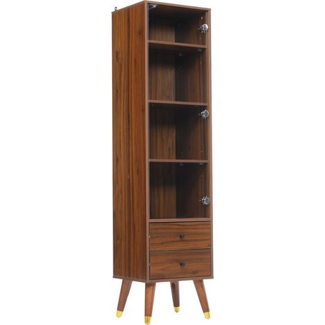 Aparador alto moderno con puerta de cristal, 2 cajones y estantes ajustables acabado nogal (1/5)