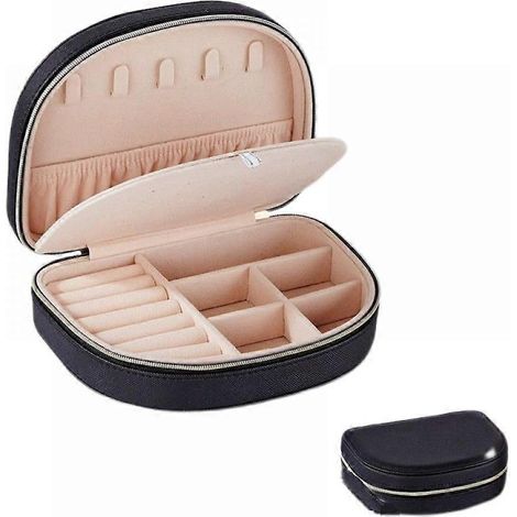 Boîte à bijoux de voyage, petit coffret à bijoux portable en forme de coquillage, mini organisateur de bijoux à 2 compartiments en cuir PU noir (1/3)