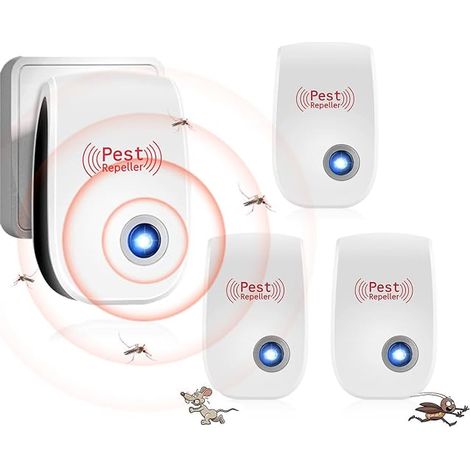 Répulsif Ultrason Anti Rongeurs Insectes 4 Pack, Ultrason Anti Moustique Ultrason Souris et Rats, Intérieur Répulsif Électronique Insectes pour Insectes, Fourmis, Araignées, Moustiques (1/4)