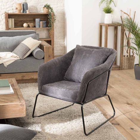 AGATHE - Fauteuil pieds évasés métal et tissu velours cotelé gris (1/5)