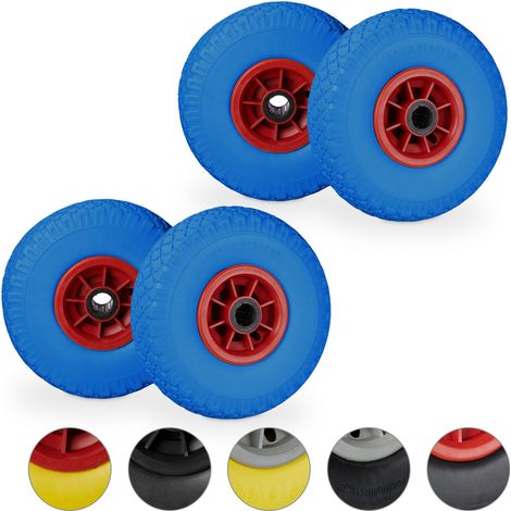 4 x Sackkarrenrad im Set, pannensichere 3.00-4" Vollgummireifen, 25mm Achse, bis 80 kg, 260x85 mm, blau-rot