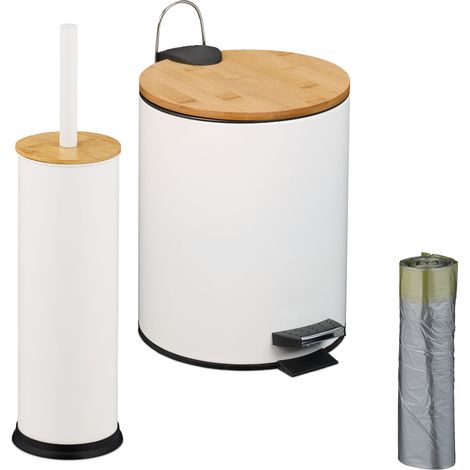 Set de baño Relaxdays, cubo de basura y escobilla, cubo cosmético 5 l, soporte escobillas, metal y bambú, blanco/natural