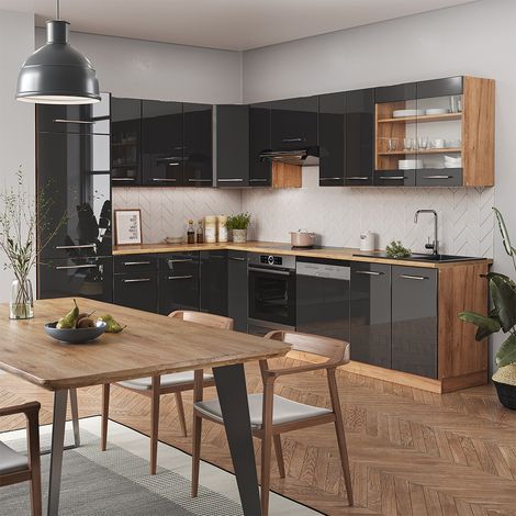 Cuisine en angle Fame-Line, Anthracite brillant/Chêne doré, 227 x 287 cm , PT Anthracite, Vicco