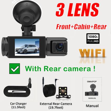 Caméra de voiture WiFi HD 1080p (carte SD 64 Go, triple objectif), enregistrement simultané avant et arrière, vision nocturne infrarouge (carte SD 64 Go, triple objectif). (1/5)