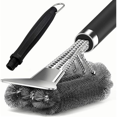 Spazzola metallica per barbecue in acciaio inossidabile 3 in 1, spazzola per barbecue con manico lungo 45 cm con raschietto, spazzola per barbecue, accessori per barbecue, per grill a gas, grill a car (1/5)