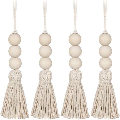 4 Stück Holzquastenperlen, Landhausperlen, natürliche Gebetsperlen, Baumwollschnur, dekorativer Wandbehang, Pompon-Perlenanhänger für Kleiderschrank, Veranda