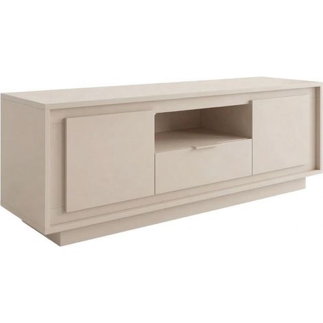 Meuble TV 2 portes 1 tiroirs 1 niche beige poudré piètement socle - AZONTO (1/4)