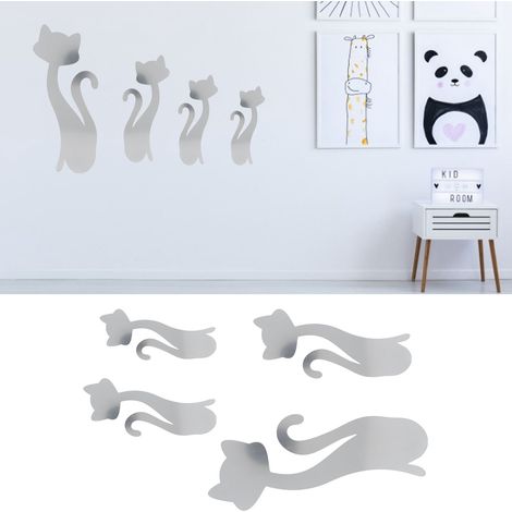 Stickers muraux miroir en forme de chat pour salon, chambre, décoration murale à faire soi-même, argent (1/5)
