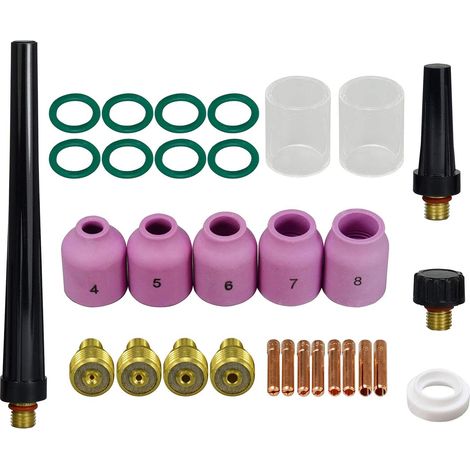 Corps de Collet Diffuseur de Gaz TIG 45V 13N Coupes en Verre Transparent Buse en Quartz 10 Buses en Alumine Coupes en Céramique 53N série pour SR WP 9 20 25 Torche de Soudage 31pcs