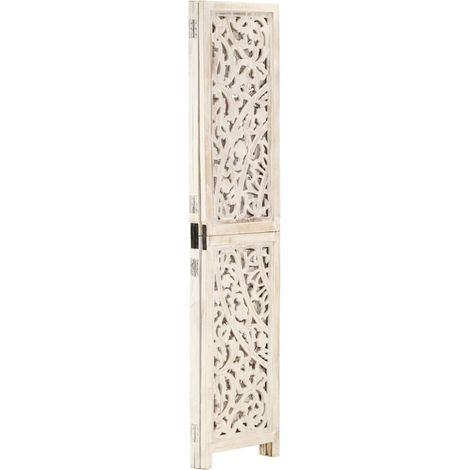 vidaXL Biombo 3 paneles tallado a mano madera mango blanco 120x165 cm (1/2)