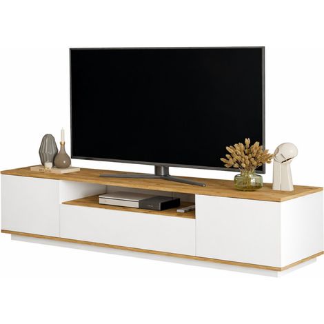 Meuble TV 70 Pouces 3 Portes 4 Niches Chêne et Blanc L 180 H 44.6 P 44.5 cm (1/5)