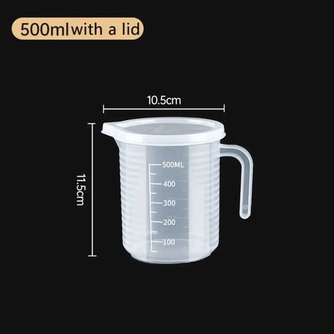 Gobelet doseur (500 ml avec couvercle) en plastique transparent, bécher de laboratoire gradué, récipient de mesure pour la cuisine et la pâtisserie. (1/5)