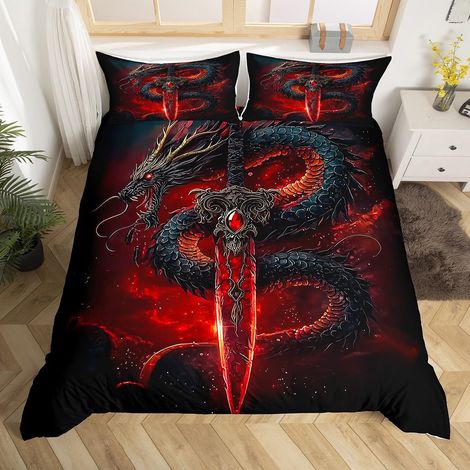 Parure de lit avec housse de couette 3D - Motif dragon et épée - 220 x 240 cm - Avec 2 taies d'oreiller - Pour garçons et adultes (1/4)