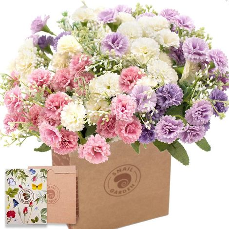 Fleurs d'œillets Artificiels,60 Têtes 3 Paquets de Soie Mini Bouquet de Fleurs de Chrysanthème Réaliste, avec Carte de Voeux et Sac en Papier Brun pour Cadeau de Décoration de Table (1/5)
