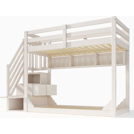 Letto a castello per bambini 90x200 cm bianco con scala contenitore, legno, HOMVRA (1/5)