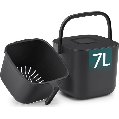 Poubelle Compost Cuisine 7L en Plastique, Seau à Déchets Organiques avec Couvercle Anti-Odeur, Panier Intérieur, 24 x 20 x 19,5 cm, Noir (1/5)
