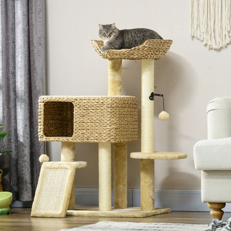 Katzenbaum mit Kratzbaum, Versteck, Beobachtungskorb, Plattformen und Hängebommel, 60 x 40 x 98 cm, beige (1/5)