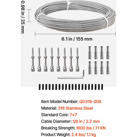 VEVOR 3.2 mm Wire Rope Kit, 12.2 m Length, 316 Stainless Steel Wire Cable, 7.1 kN Breaking Strength, 7 x 7 Strands Construction, Steel Cable for Deck Railing System, Garden Trellis, String Lights (1/4)