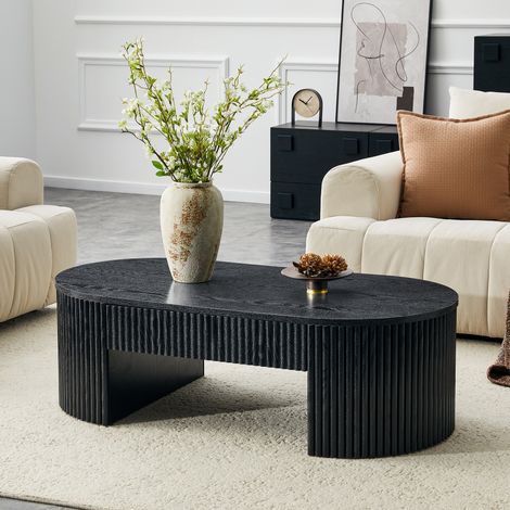 Table basse ovale noire avec rangement, table de salon design à plateau nervuré, meuble TV pratique avec tiroir de rangement, solide (1/5)
