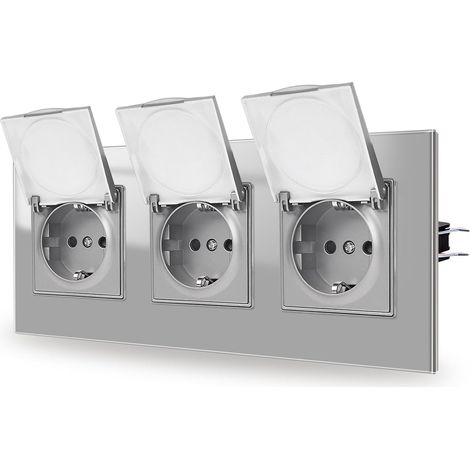 Triple prise encastrée en verre avec couvercle étanche 16 A 228 x 86 mm 250 V Gris (1/5)