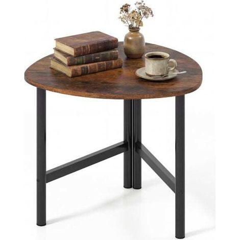 Table basse ovale marron au plateau effet bois et marbre avec pieds en métal et design triangulaire pour salon et espaces compacts (1/5)