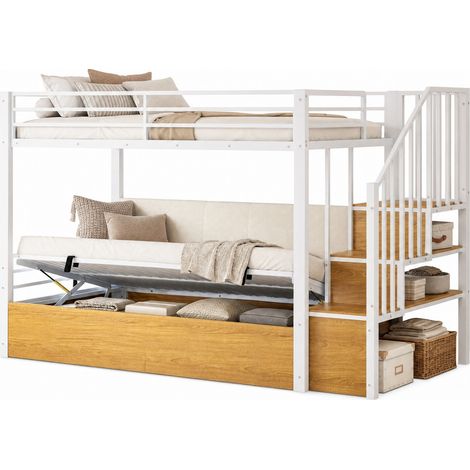 Lit mezzanine 90 x 200 cm avec rangements hydrauliques, escalier réversible, dossier en cuir régénéré, structure métal et MDF, blanc, pour chambre ado  CHICFURN (1/5)