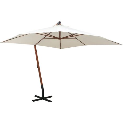 Parasol suspendu élégant avec poteau en bois 300 x 300 cm ombre design moderne jardin en polyester blanc
