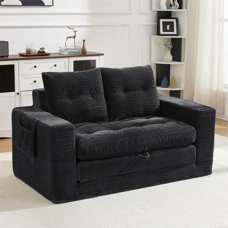 Canapé 2 Places Convertible - 140x85x67cm - Lit Banquette Velours Côtelé Confortable Modulable Salon Poche - Noir (1/5)