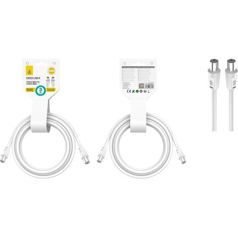 Jc nb1490 blanco / cable de video (coaxial), conector banado en niquel, 9.5mm macho a macho, 3m