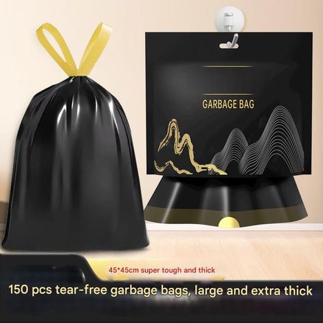 Sacs poubelles noirs à cordon, sacs poubelles portables, épais et robustes, pour bureau et chambre (3rouleaux + 1sac ziplock + 1crochet collant) (1/5)