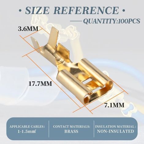 100 Pcs Bornes à sertir non isolées en laiton, largeur de connecteur 6.3mm pour câble 1mm² à 1.5mm². (1/4)