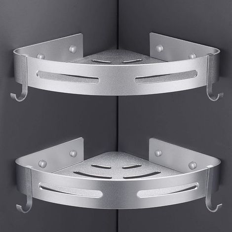 Lot de 2 Etagère Douche d'angle sans Perçage Rangement Salle de Bain Douche Accessoire Salle de Bain Support Porte Savon Douche Aucun Antirouille en Aluminium Avec Crochets Argent