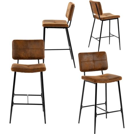Lot de 4 Tabouret de Bar Industriel avec Dossier et Repose-Pieds, Siège Rembourrés de 75 cm de Haut, Chaises Hautes en Suédine Cadre en métal, Marron (1/5)
