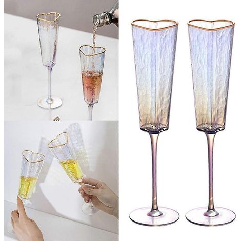 1 paire de flûtes à champagne décoratives à pied haut, bordées d'or et en forme de cœur (1/4)