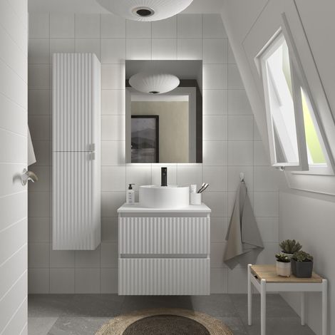 Mueble de Baño KIRA 70cm Blanco Mate 2 cajones Lavabo sobre encimera 1 poza Porcelana (1/5)