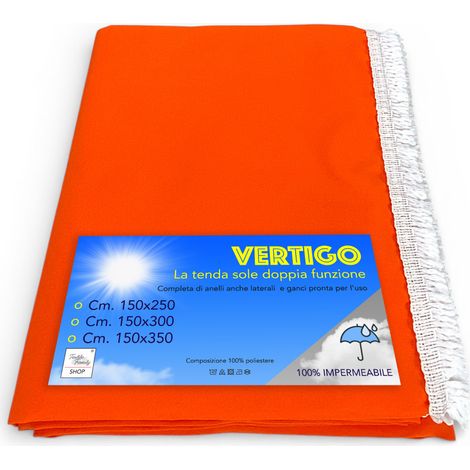 Tenda da Sole Vertigo Tex Family Arancio Unito 100% Poliestere Impermeabile Idrorepellente Tinto Filo Occhielli Acciaio Frangia Cm. 150x250