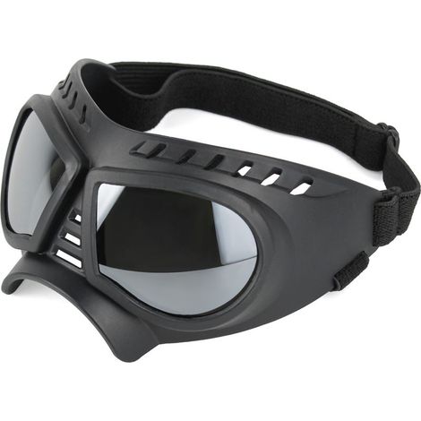 Small dog goggles, windproof, suitable for small to medium-sized dogs, UV protected, with adjustable strap, black with silver accents.