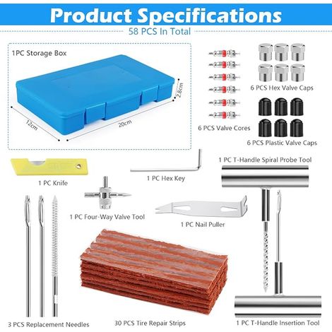 Kit de Réparation de Pneus, Outils de Réparation de Pneus de Voiture Kit Meche Pneu Crevaison Voiture Kit Réparation Pneu pour Voitures, Motos, Tracteurs, VTT, Camions, Camping-Cars (1/3)