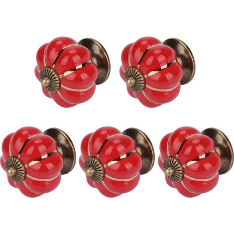 Set di 5 pomelli in ceramica a forma di zucca, colorati, per Halloween, 40x40 mm (diametro x altezza), per ante di mobili, cassetti, cassettiere, armadietti da cucina, in stile vintage color rame, con (1/5)