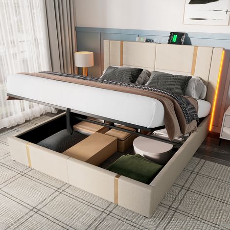 Cama tapizada 180/200 cm beige de lino con LED RGB, USB-C y arcón abatible (1/5)