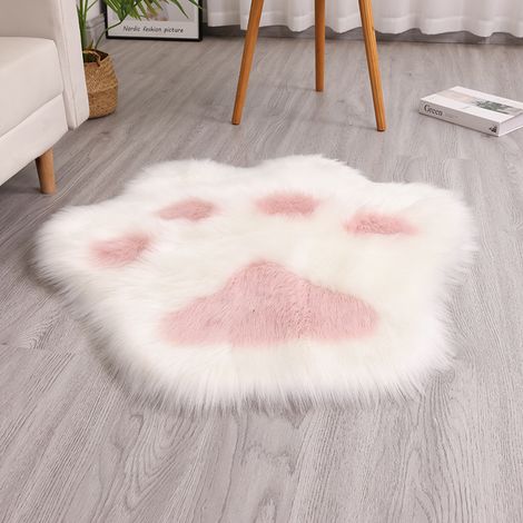 Teppich mit Katzenpfotenabdruck, Kunstplüsch, maschinenwaschbar, geeignet für Wohnzimmer, Sofa und Schlafzimmer, 45 x 45 cm (weiß + rosa).