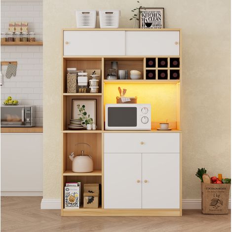 Küchenschrank, Küchenbuffet mit LED Buffetschrank, Mehrzweckschrank, mit einer Schublade, drei Türen und Regalen zur Aufbewahrung von Besteck, großer Platz für Mikrowelle.B115×T35×H180cm (1/5)