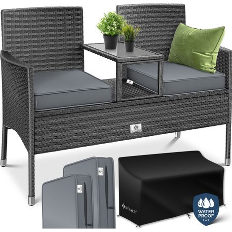KESSER® Polyrattan Gartenbank 2-Sitzer Bank mit integriertem inkl. Tisch & Kissen - 133 × 55 × 84 cm - Rattan Sitzbank Garten Balkon Gartensofa Anthrazit