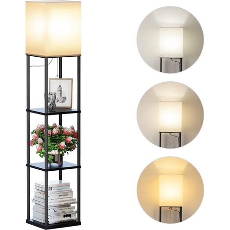 Lampadaire en Métal avec Étagère, 3 Températures de Couleur, Floor Lamp avec Ombre en Lin Blanc et Foot Switch pour le Salon, la Chambre et le Bureau (1/5)